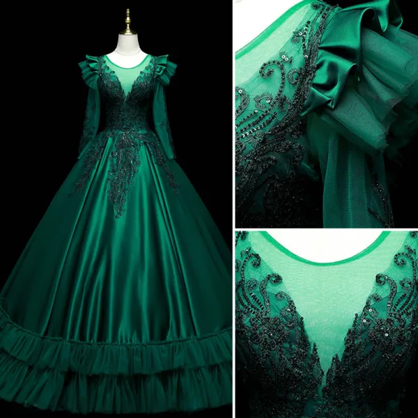 Vintage / Retro Dark Green Satin Prom Dresses 2021 Ball Gown Scoop Neck Beading Sequins Lace Flower Long Sleeve Backless Floor-Length / Long Formal Dresses