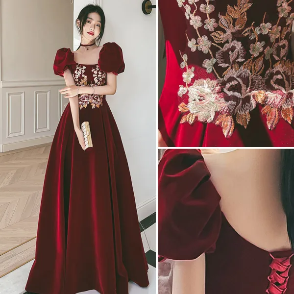 Elegant Burgundy Suede Prom Dresses 2022 A-Line / Princess Square Neckline Lace Flower Puffy Short Sleeve Backless Floor-Length / Long Prom Dresses