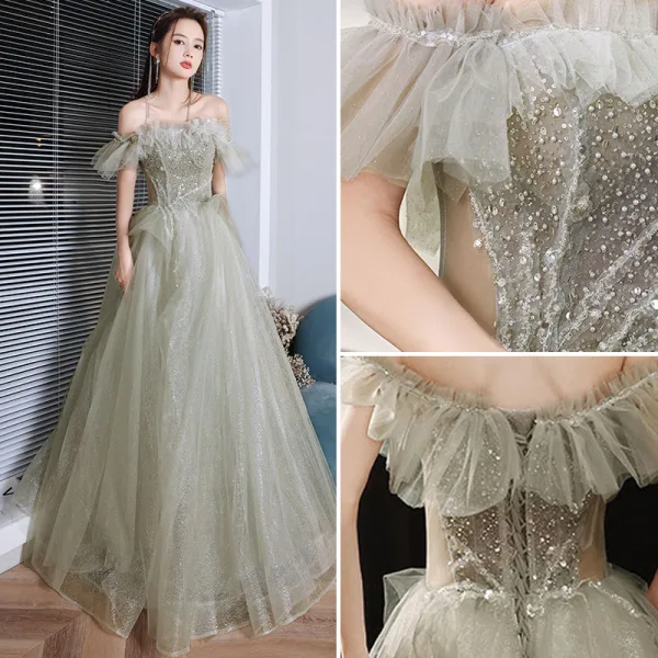 Charming Sage Green Prom Dresses 2022 A-Line / Princess Ruffle Off-The-Shoulder Beading Pearl Sequins Short Sleeve Backless Floor-Length / Long Formal Dresses