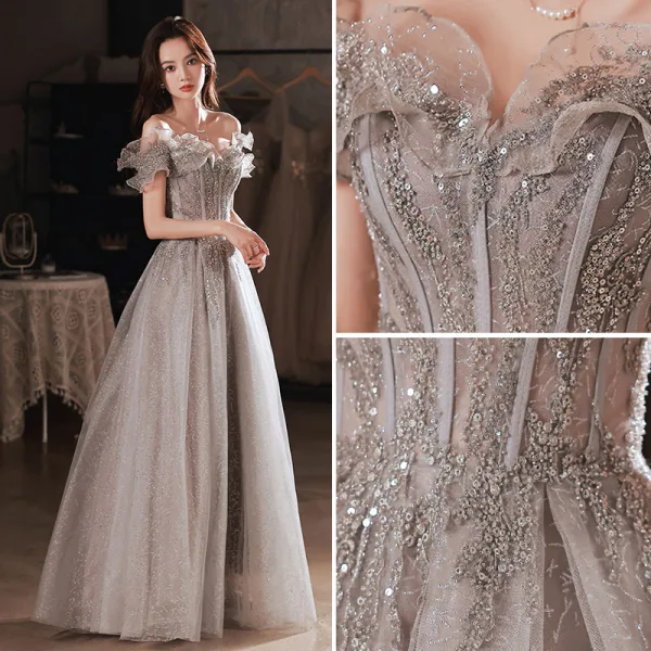 Charming Silver Prom Dresses 2022 A-Line / Princess Off-The-Shoulder Short Sleeve Backless Floor-Length / Long Formal Dresses
