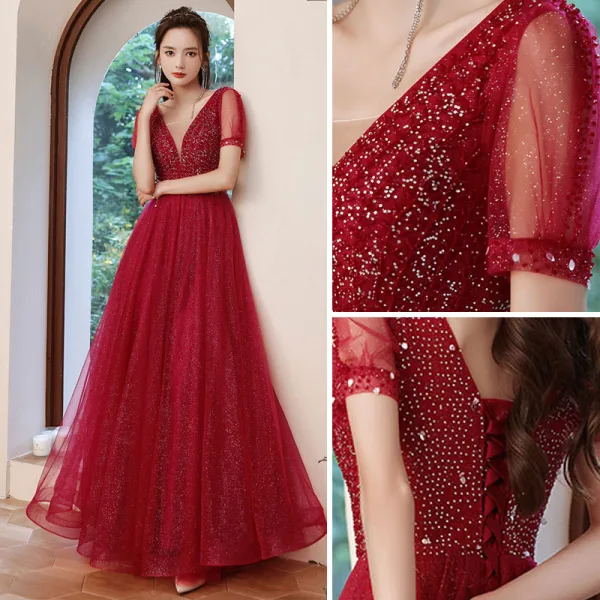 Sparkly Burgundy Glitter Prom Dresses 2022 A-Line / Princess V-Neck Short Sleeve Backless Rhinestone Floor-Length / Long Formal Dresses