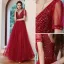Sparkly Burgundy Glitter Prom Dresses 2022 A-Line / Princess V-Neck Short Sleeve Backless Rhinestone Floor-Length / Long Formal Dresses