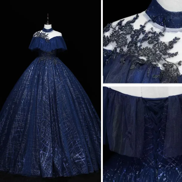 Vintage / Retro Navy Blue Prom Dresses 2022 Ball Gown High Neck Glitter Beading Sequins Lace Flower Short Sleeve Backless Floor-Length / Long Formal Dresses