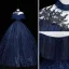 Vintage / Retro Navy Blue Prom Dresses 2022 Ball Gown High Neck Glitter Beading Sequins Lace Flower Short Sleeve Backless Floor-Length / Long Formal Dresses