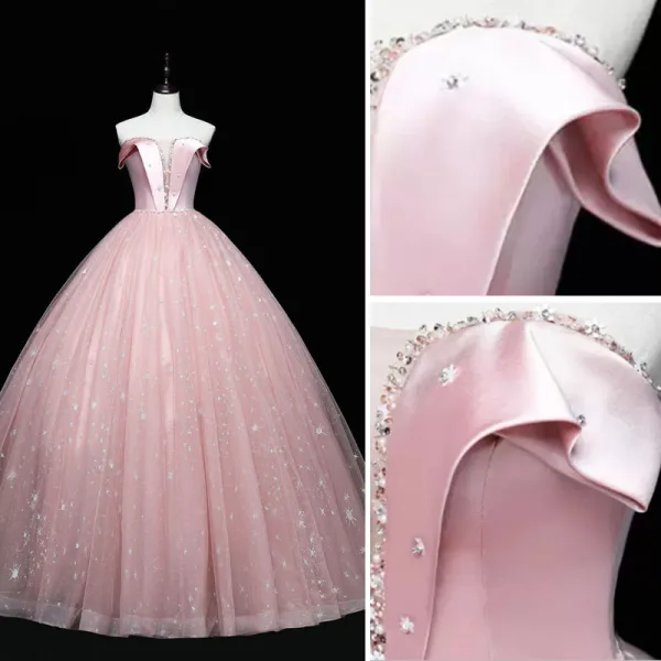 Elegante Pink Ballkleider 2022 Bandeau Perlenstickerei Perle Pailletten Ärmellos Rückenfreies Lange Festliche Kleider