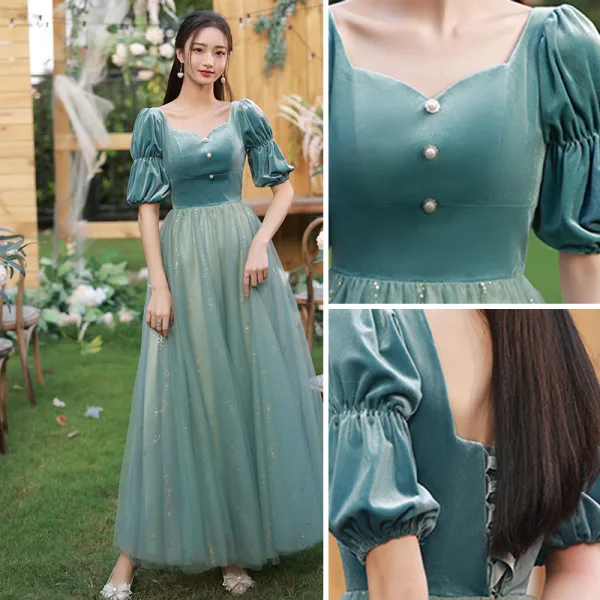Modest / Simple Jade Green Suede Bridesmaid Dresses 2022 A-Line / Princess Short Sleeve Backless Sequins Floor-Length / Long Wedding Party Dresses