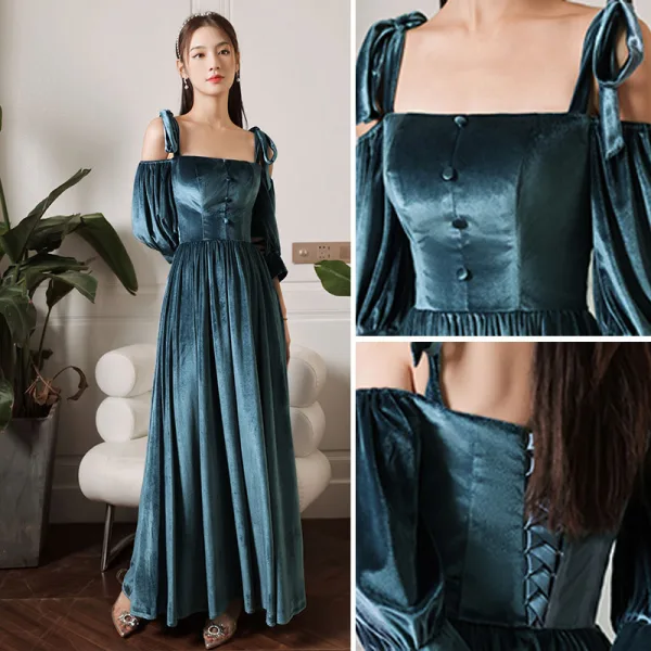 Modest / Simple Ink Blue Suede Bridesmaid Dresses 2022 A-Line / Princess V-Neck Short Sleeve Backless Floor-Length / Long Wedding Party Dresses