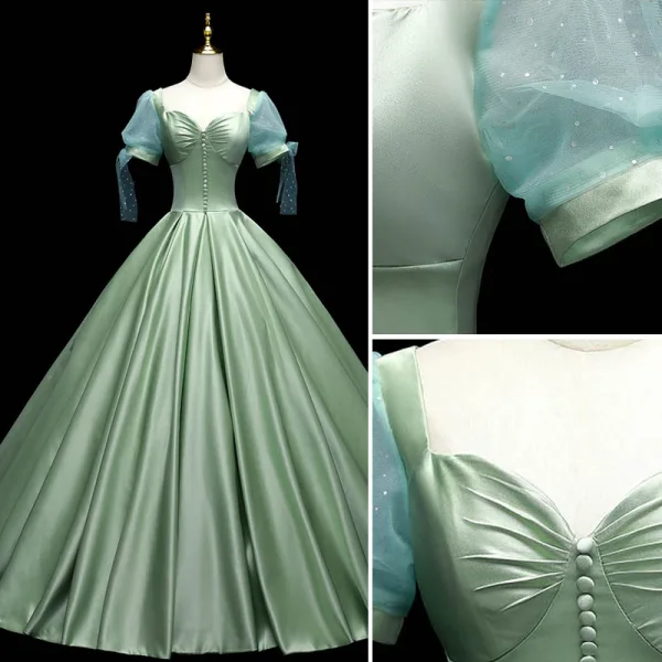 Chic / Beautiful Sage Green Satin Prom Dresses 2021 Ball Gown Square Neckline Short Sleeve Backless Floor-Length / Long Formal Dresses