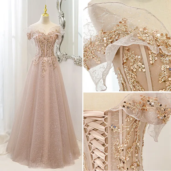 Charmant Rougissant Rose Perlage Paillettes En Dentelle Fleur Robe De Bal 2022 Princesse De l'épaule Manches Courtes Dos Nu Longue Robe De Ceremonie