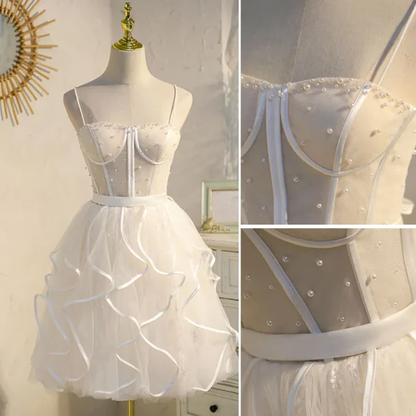 Sexy Champagne Pearl Cascading Ruffles Birthday Party Dresses 2022 A-Line / Princess Spaghetti Straps Sleeveless Backless Floor-Length / Long Formal Dresses