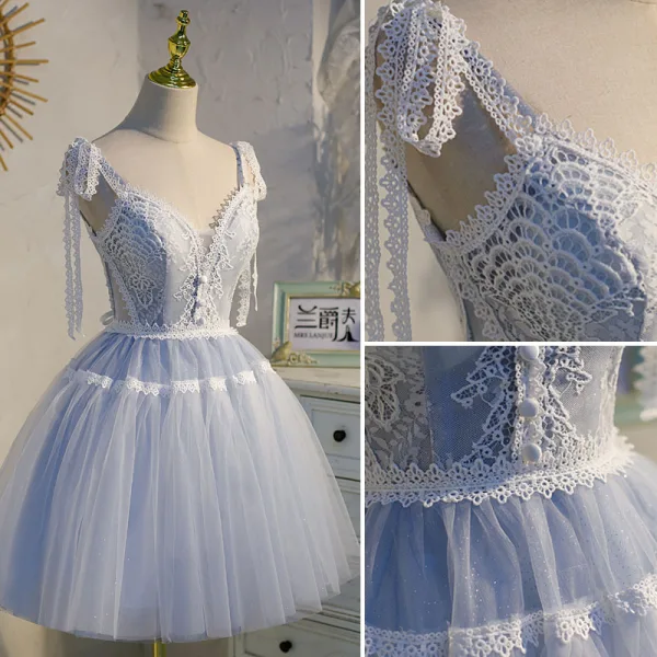 Sexy Bleu Ciel En Dentelle Fleur Anniversaire Robe De Fête 2022 Princesse Bretelles Spaghetti Sans Manches Dos Nu Noeud Longue Robe De Ceremonie