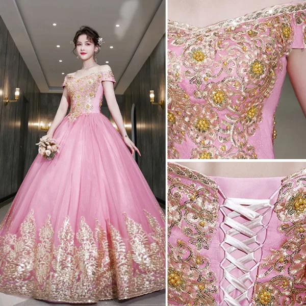 Chic / Belle Ethnique Rose Bonbon Robe De Bal 2022 Robe Boule De l'épaule Perlage Perle Paillettes En Dentelle Fleur Manches Courtes Dos Nu Longue Robe De Ceremonie