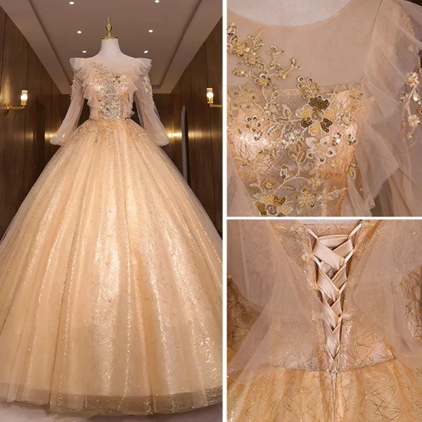 Charmant Champagne Perlage Perle Paillettes En Dentelle Fleur Robe De Bal 2022 Robe Boule Encolure Dégagée Manches Longues Dos Nu Longue Robe De Ceremonie
