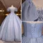 Elegant Sky Blue Lace Flower Prom Dresses 2022 Ball Gown Scoop Neck Beading Pearl Sequins Rhinestone Puffy Short Sleeve Backless Floor-Length / Long Formal Dresses