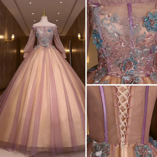 Elegant Purple Pearl Sequins Lace Flower Prom Dresses 2022 Ball Gown Off-The-Shoulder Long Sleeve Floor-Length / Long Formal Dresses
