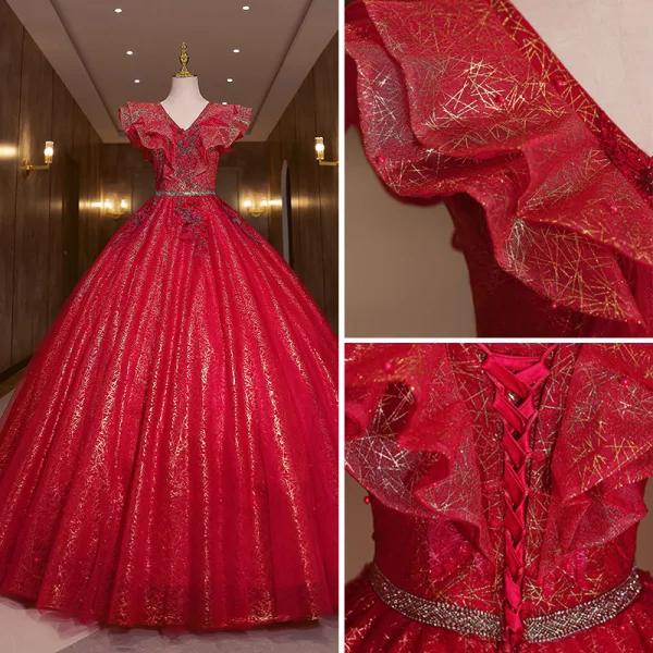 Chic / Beautiful Burgundy Glitter Sequins Prom Dresses Ball Gown 2022 V-Neck Rhinestone Short Sleeve Backless Floor-Length / Long Formal Dresses