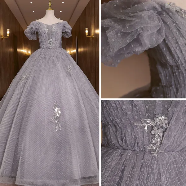 Élégant Gris Paillettes Robe De Bal 2022 Princesse De l'épaule Appliques Gonflée Manches Courtes Dos Nu Longue Robe De Ceremonie