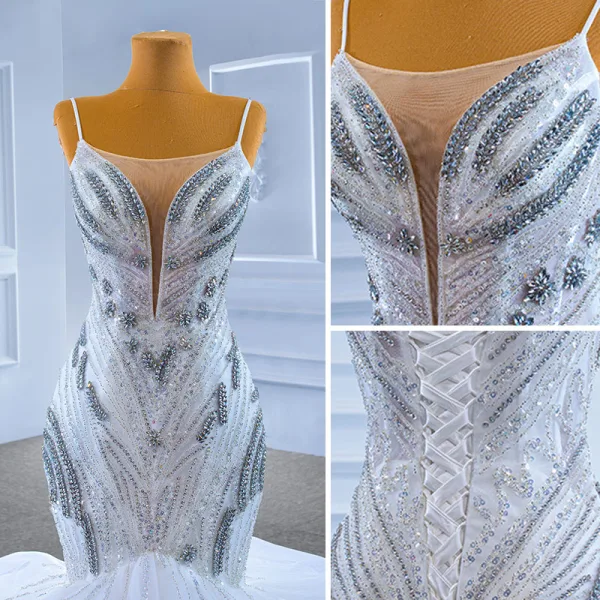 Luxury / Gorgeous High-end White Cascading Ruffles Beading Pearl Rhinestone Sequins Wedding Dresses 2022 Trumpet / Mermaid Spaghetti Straps Sleeveless Backless Court Train