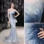 Scintillantes Sexy Bleu Ciel Paillettes Robe De Soirée 2022 Trompette / Sirène Bustier Perlage Faux Diamant Sans Manches Dos Nu Train De Balayage Robe De Ceremonie