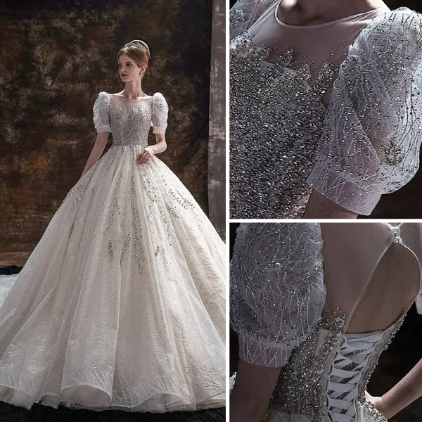 Luxury / Gorgeous White Beading Rhinestone Sequins Lace Flower Wedding Dresses 2022 Ball Gown Scoop Neck Short Sleeve Backless Royal Train Wedding