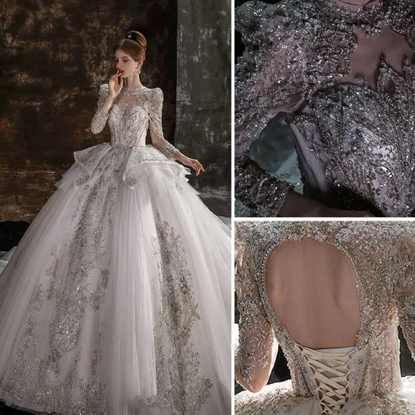 Luxury / Gorgeous Ivory Beading Pearl Sequins Cascading Ruffles Wedding Dresses 2022 Ball Gown Scoop Neck Long Sleeve Backless Royal Train