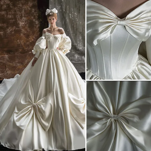 High-end Ivory Bow Satin Wedding Dresses 2022 Ball Gown Off-The-Shoulder Puffy Long Sleeve Backless Royal Train Wedding