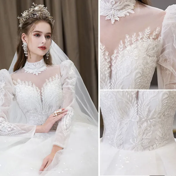 Elegant White Sequins Lace Flower Wedding Dresses 2022 Ball Gown High Neck Long Sleeve Backless Floor-Length / Long Wedding