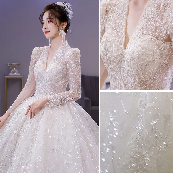 Sparkly White Beading Rhinestone Pearl Sequins Wedding Dresses 2022 Ball Gown V-Neck Long Sleeve Backless Royal Train Wedding