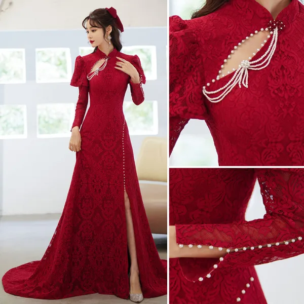 Chic / Beautiful Burgundy Lace Flower Cheongsam Evening Dresses 2022 Trumpet / Mermaid High Neck Beading Pearl Long Sleeve Backless Court Train Evening Party Formal Dresses