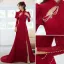 Chic / Beautiful Burgundy Lace Flower Cheongsam Evening Dresses 2022 Trumpet / Mermaid High Neck Beading Pearl Long Sleeve Backless Court Train Evening Party Formal Dresses
