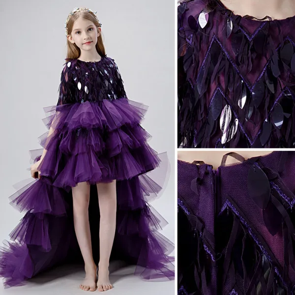 Fashion Purple Pleated Sequins Birthday Flower Girl Dresses 2022 Ball Gown Scoop Neck 1/2 Sleeves Asymmetrical Evening Party Flower Girl Dresses