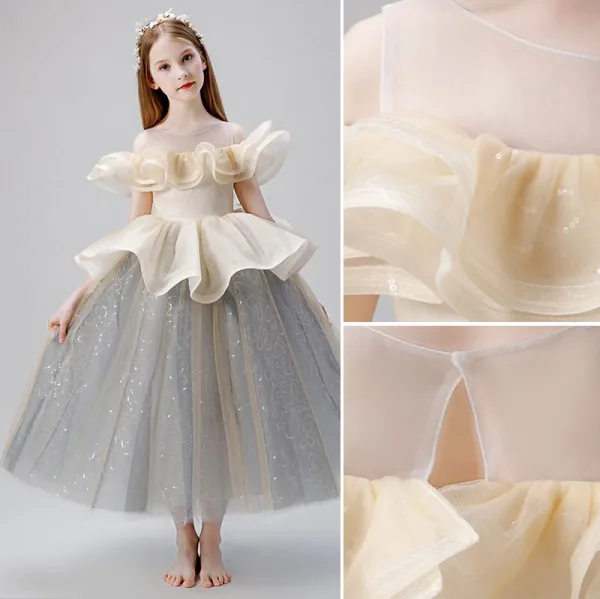 Elegant Champagne Sequins Cascading Ruffles Flower Girl Dresses 2022 Ball Gown Scoop Neck Short Sleeve Floor-Length / Long Birthday Flower Girl Dresses