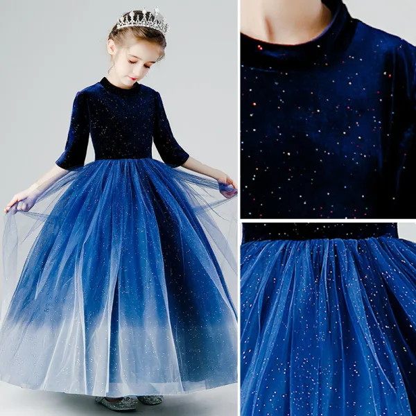 Elegant Navy Blue Gradient-Color Sequins Flower Girl Dresses 2022 Ball Gown Scoop Neck 3/4 Sleeve Floor-Length / Long Birthday Flower Girl Dresses