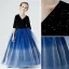Elegant Navy Blue Gradient-Color Sequins Flower Girl Dresses 2022 Ball Gown V-Neck 1/2 Sleeves Floor-Length / Long Birthday Flower Girl Dresses