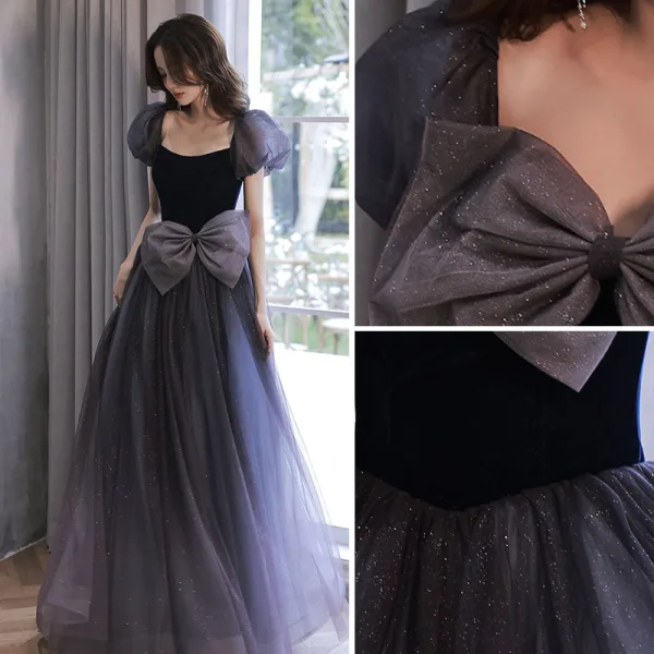 Elegant Purple Glitter Prom Dresses 2022 A-Line / Princess Square Neckline Puffy Short Sleeve Backless Bow Floor-Length / Long Formal Dresses