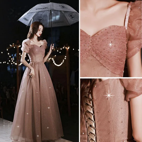 Charmant Rose Bonbon Glitter Faux Diamant Robe De Bal 2022 Princesse De l'épaule Manches Courtes Dos Nu Longue Robe De Ceremonie