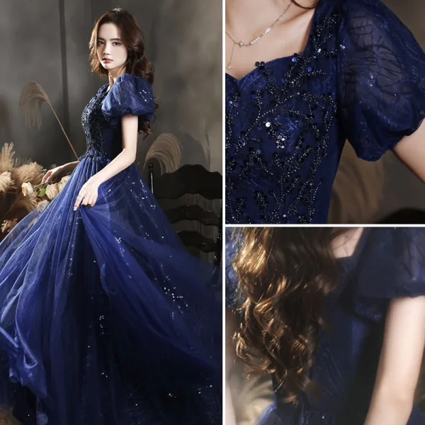 Chic / Belle Bleu Roi Glitter Perlage Paillettes Faux Diamant Robe De Bal 2022 Princesse Encolure Carrée Manches Courtes Dos Nu Longue Robe De Ceremonie
