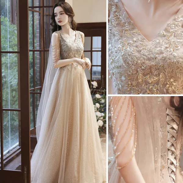 Sparkly Champagne Beading Rhinestone Sequins Prom Dresses 2022 A-Line / Princess V-Neck Lace Flower Sleeveless Backless Floor-Length / Long Formal Dresses