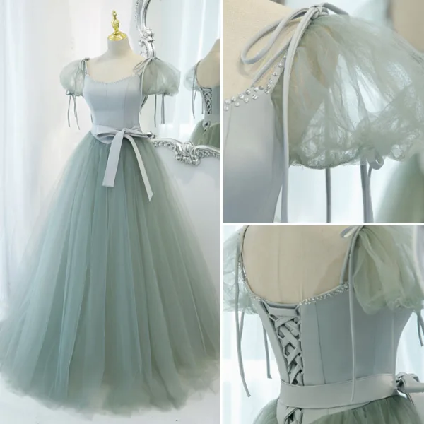 Mode Vert Citron Robe De Bal 2022 Robe Boule Encolure Carrée Gonflée Manches Courtes Dos Nu Noeud Ceinture Longue Robe De Ceremonie