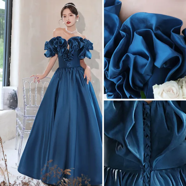 Elegant Ink Blue Satin Prom Dresses 2022 A-Line / Princess Ruffle Off-The-Shoulder Short Sleeve Backless Floor-Length / Long Formal Dresses