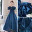 Elegant Ink Blue Satin Prom Dresses 2022 A-Line / Princess Ruffle Off-The-Shoulder Short Sleeve Backless Floor-Length / Long Formal Dresses