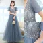 Chic / Beautiful Pool Blue Glitter Sequins Prom Dresses 2022 A-Line / Princess V-Neck Puffy Short Sleeve Backless Floor-Length / Long Formal Dresses