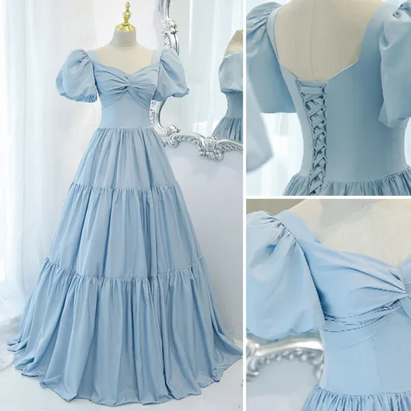 Chic / Beautiful Sky Blue Prom Dresses 2021 A-Line / Princess Square Neckline Short Sleeve Backless Floor-Length / Long Formal Dresses