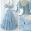 Chic / Beautiful Sky Blue Prom Dresses 2021 A-Line / Princess Square Neckline Short Sleeve Backless Floor-Length / Long Formal Dresses