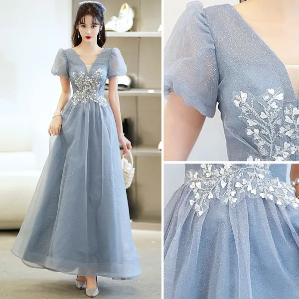 Chic / Belle Bleu Ciel Perlage Paillettes Robe De Bal 2022 Princesse V-Cou Manches Courtes Dos Nu Longue Robe De Ceremonie