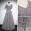Elegant Grey Beading Sequins Prom Dresses 2022 A-Line / Princess V-Neck Short Sleeve Backless Floor-Length / Long Formal Dresses
