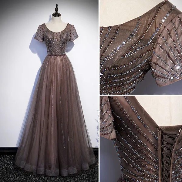 Chic / Beautiful Brown Beading Sequins Prom Dresses 2022 A-Line / Princess Scoop Neck Short Sleeve Backless Floor-Length / Long Formal Dresses