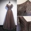 Chic / Beautiful Brown Beading Sequins Prom Dresses 2022 A-Line / Princess Scoop Neck Short Sleeve Backless Floor-Length / Long Formal Dresses