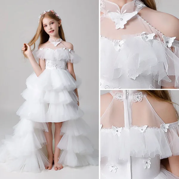 Fashion White Butterfly Appliques Rhinestone Cascading Ruffles Birthday Flower Girl Dresses 2022 Ball Gown High Neck Short Sleeve Floor-Length / Long Flower Girl Dresses