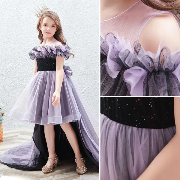 Chic / Beautiful Lavender Sequins Birthday Flower Girl Dresses 2022 A-Line / Princess Scoop Neck Ruffle Short Sleeve Court Train Flower Girl Dresses